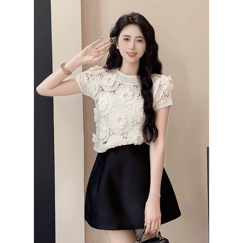 Embroidered Hooked White Knit Short-Sleeve T-Shirt for Women - Trendy, Fashionable, and Stylish Summer Outfit with Unique Design Aesthetic Short Top