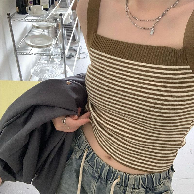 Retro striped knitted camisole women's summer new short style inner wear and outer wear hot girl bottoming top