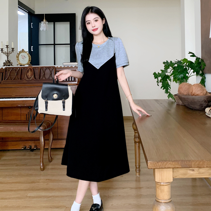 Real shot of new summer fake two-piece temperament large size slim loose dress Korean style casual skirt