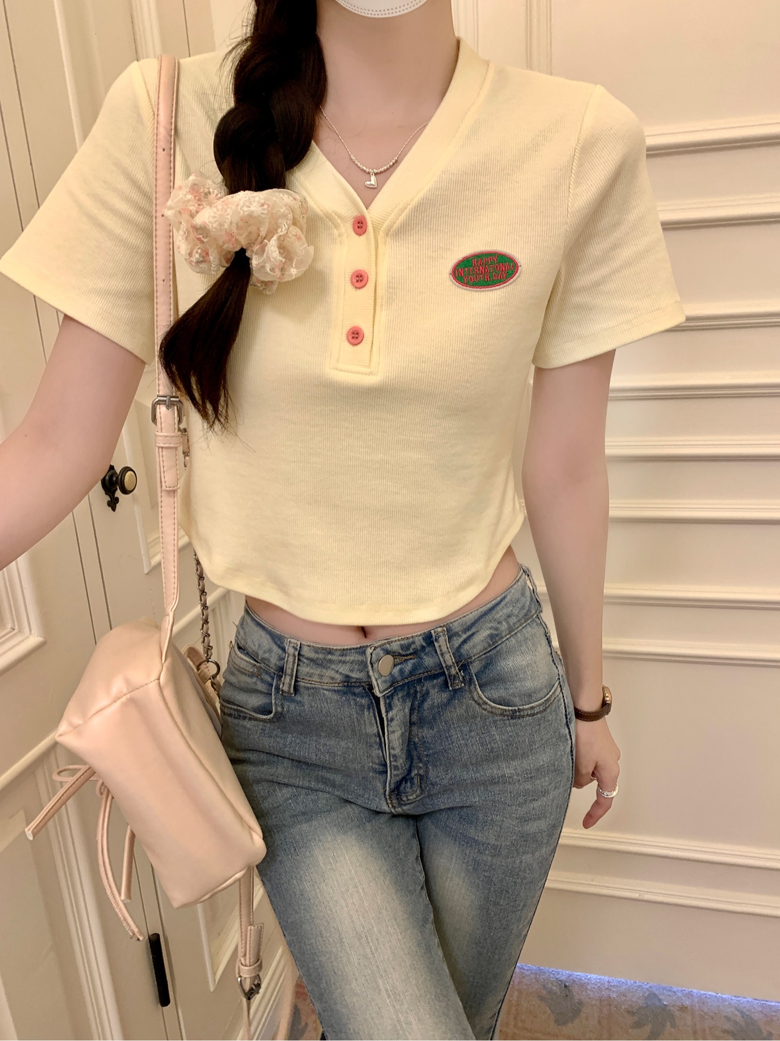 Real shot 260g French fine thread short-sleeved T-shirt summer shoulder slim short V-neck top Korean style women's clothing