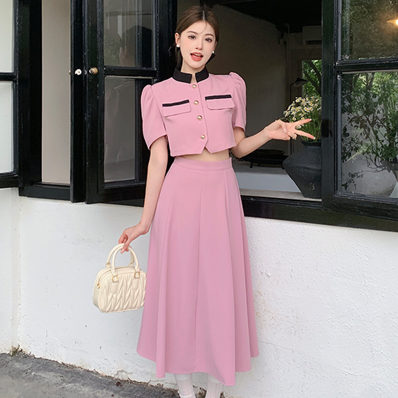 Real shot 2024 new pure desire French style small fragrance suit long skirt high-end pink casual two-piece set for women