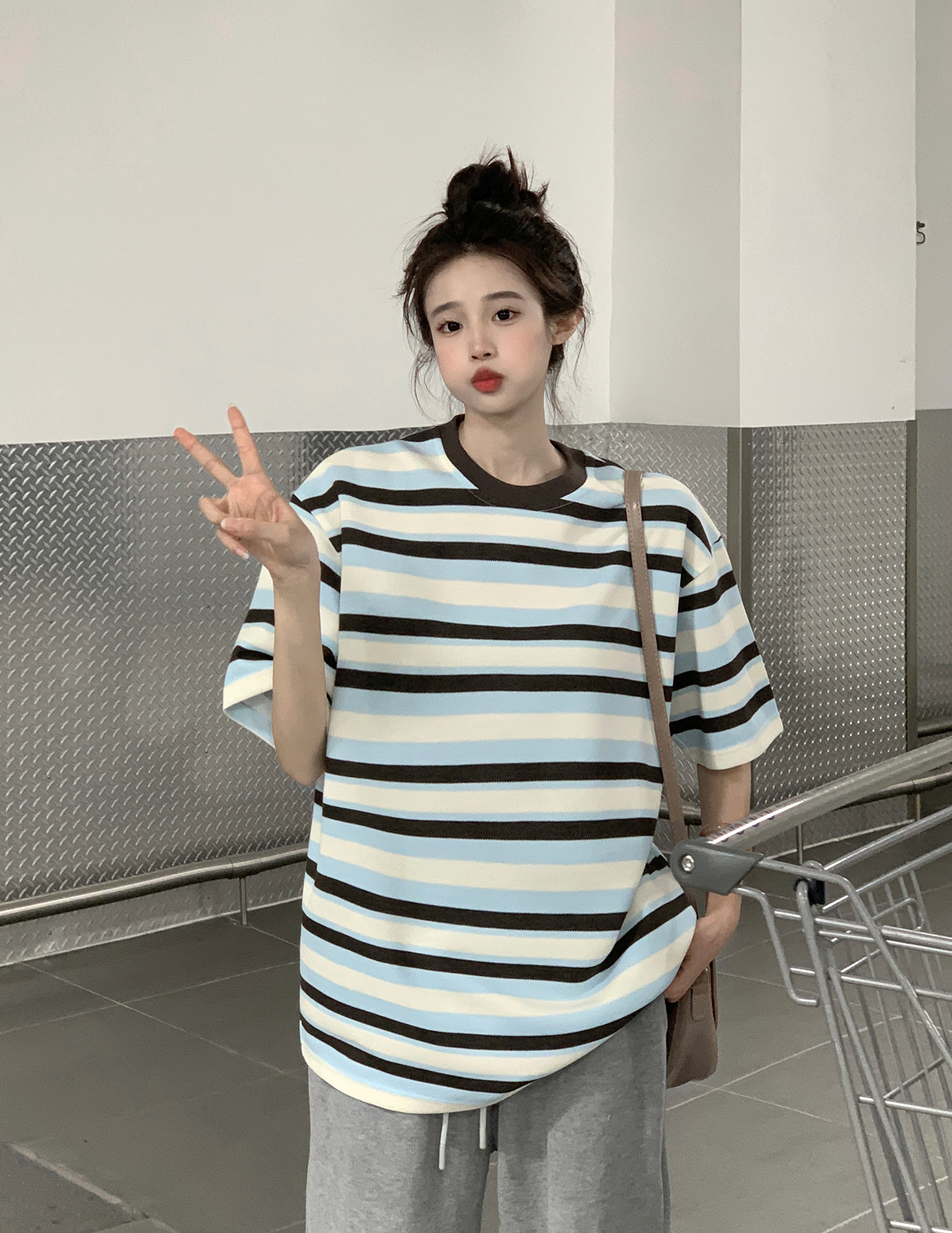 Real shot of pique striped short-sleeved T-shirt summer shoulder mid-length loose round neck striped top Korean style women's clothing