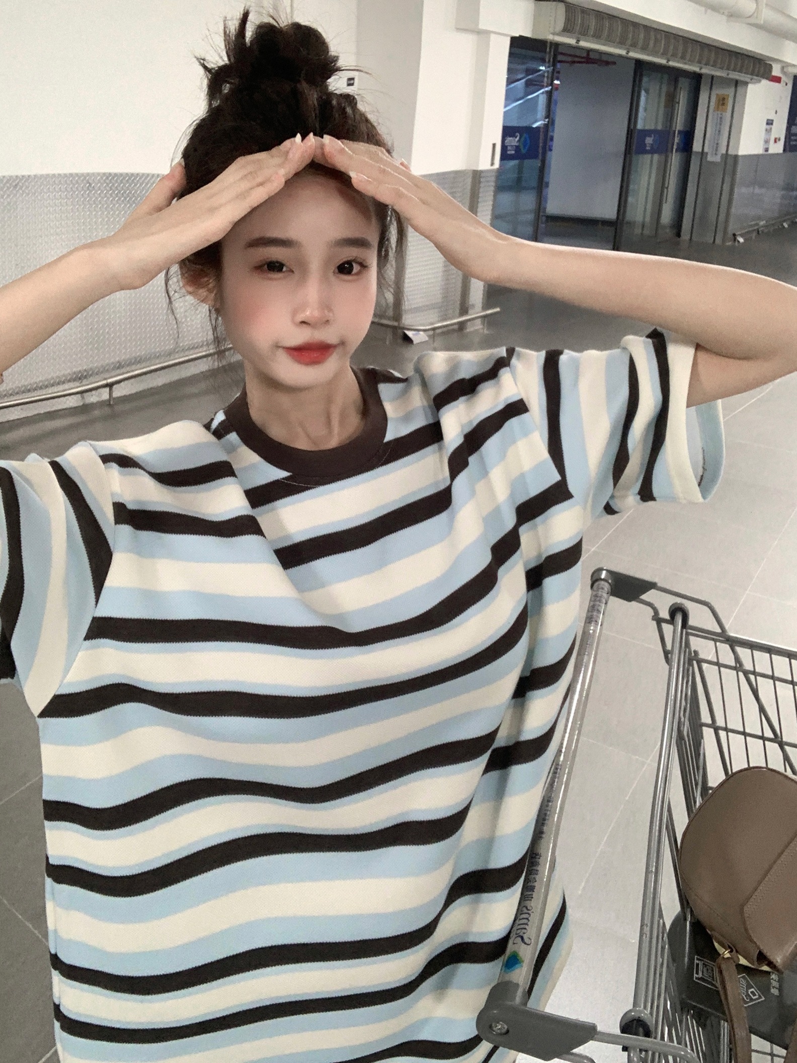 Real shot of pique striped short-sleeved T-shirt summer shoulder mid-length loose round neck striped top Korean style women's clothing