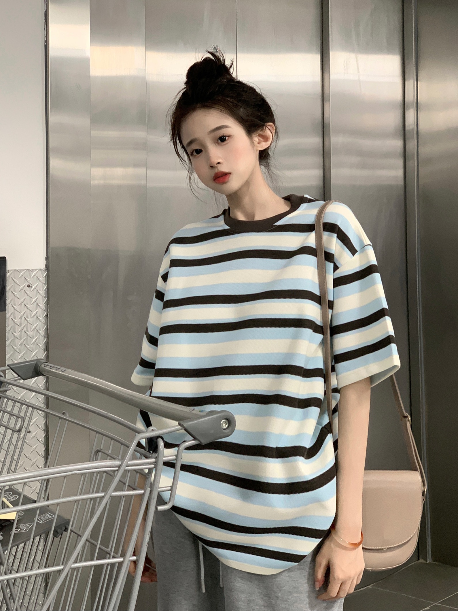 Real shot of pique striped short-sleeved T-shirt summer shoulder mid-length loose round neck striped top Korean style women's clothing