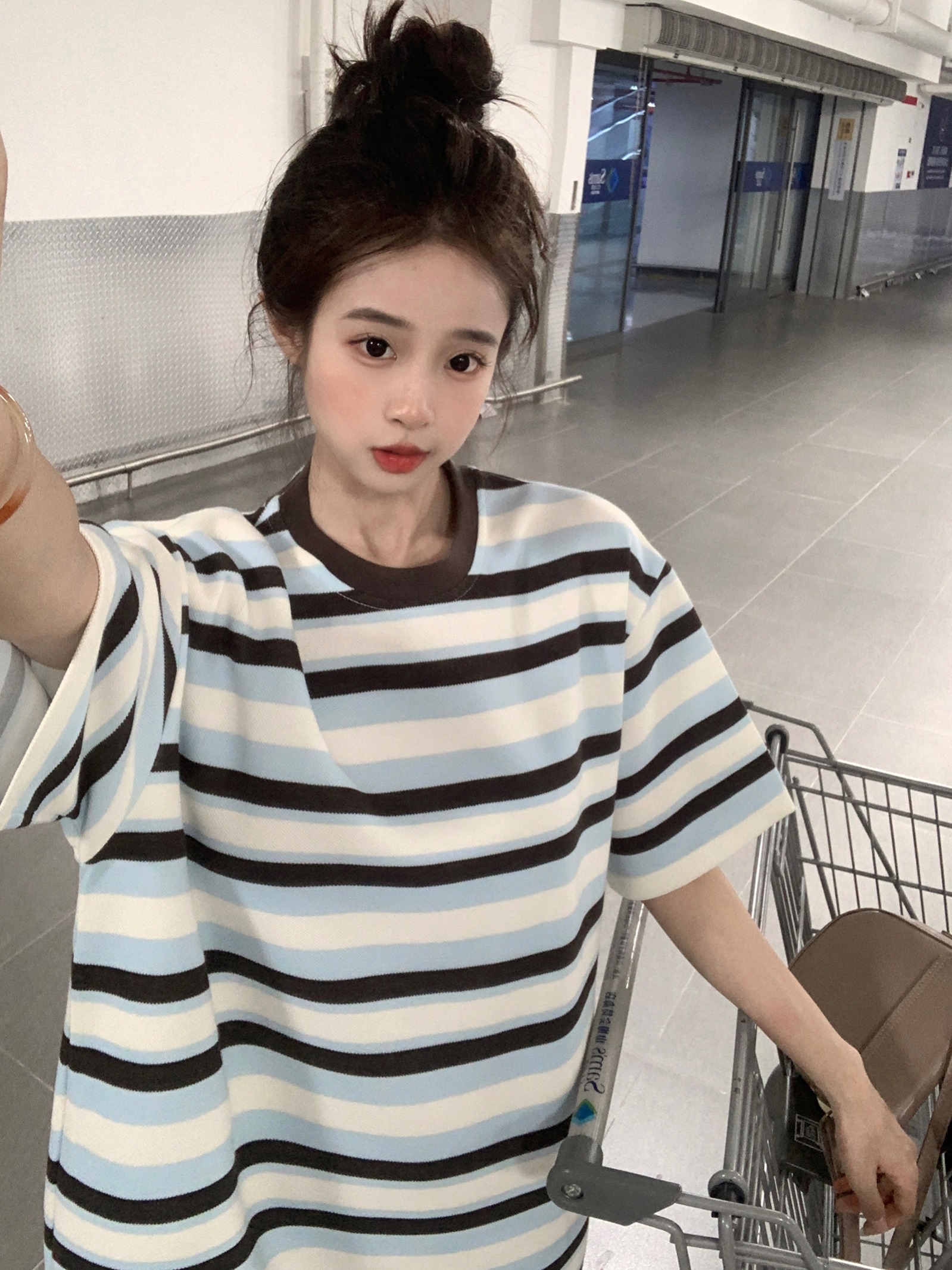 Real shot of pique striped short-sleeved T-shirt summer shoulder mid-length loose round neck striped top Korean style women's clothing