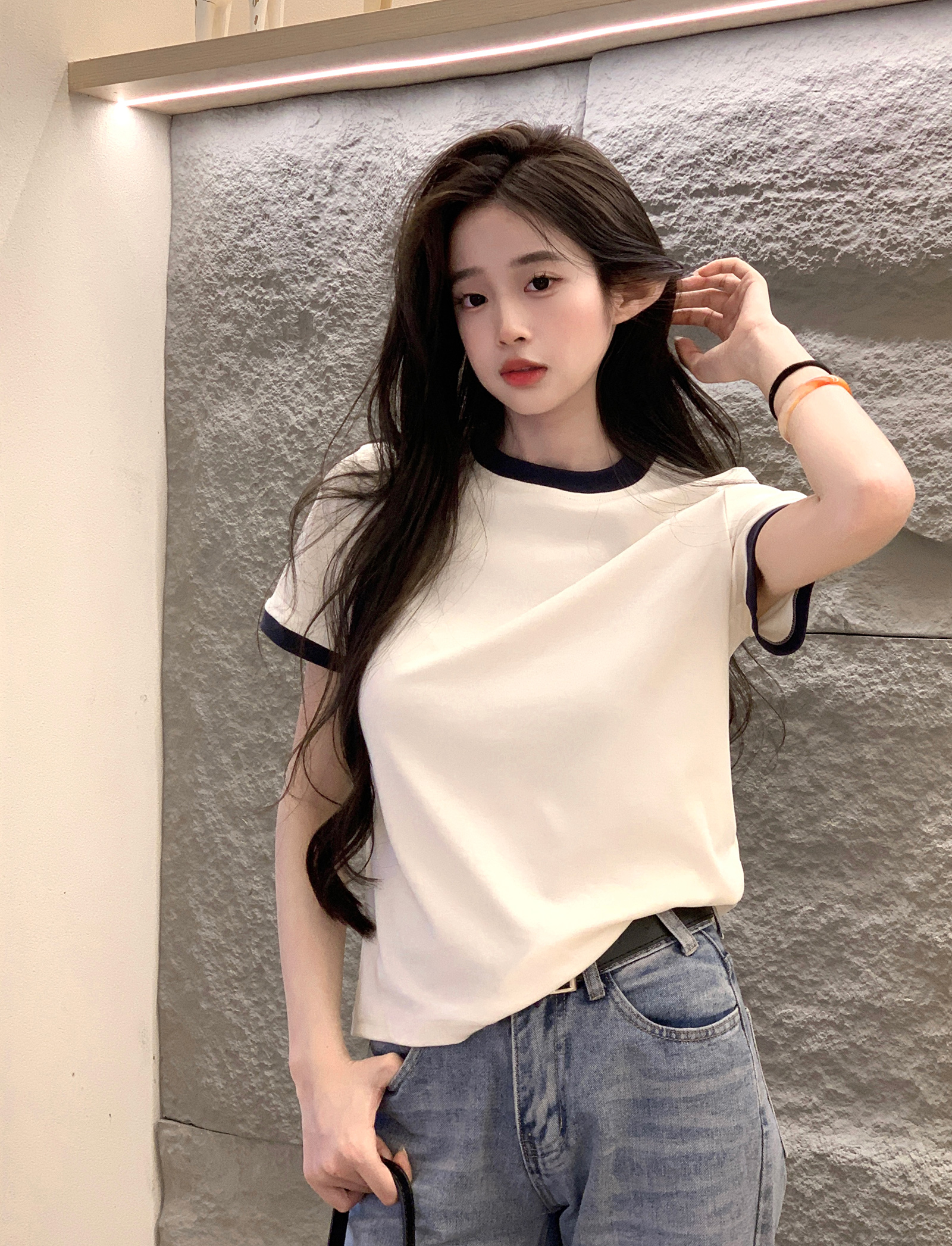 Real shot 210g threaded short-sleeved T-shirt summer trend contrast color round neck printed right shoulder slim short top for women