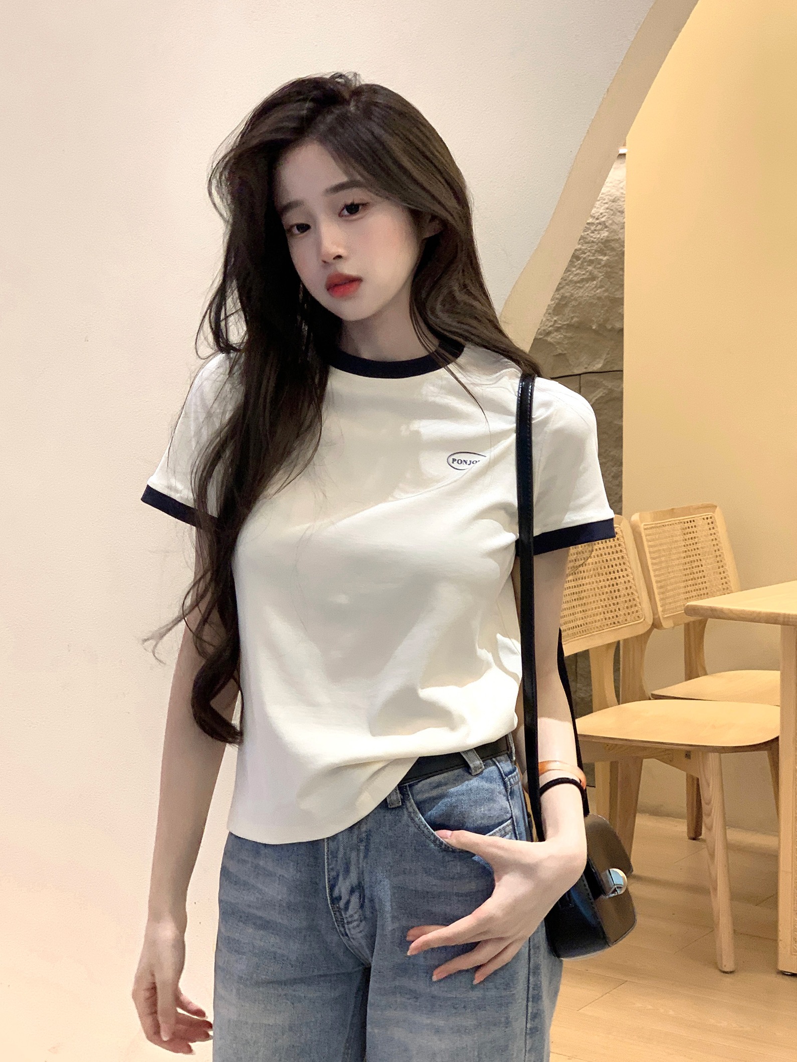 Real shot 210g threaded short-sleeved T-shirt summer trend contrast color round neck printed right shoulder slim short top for women