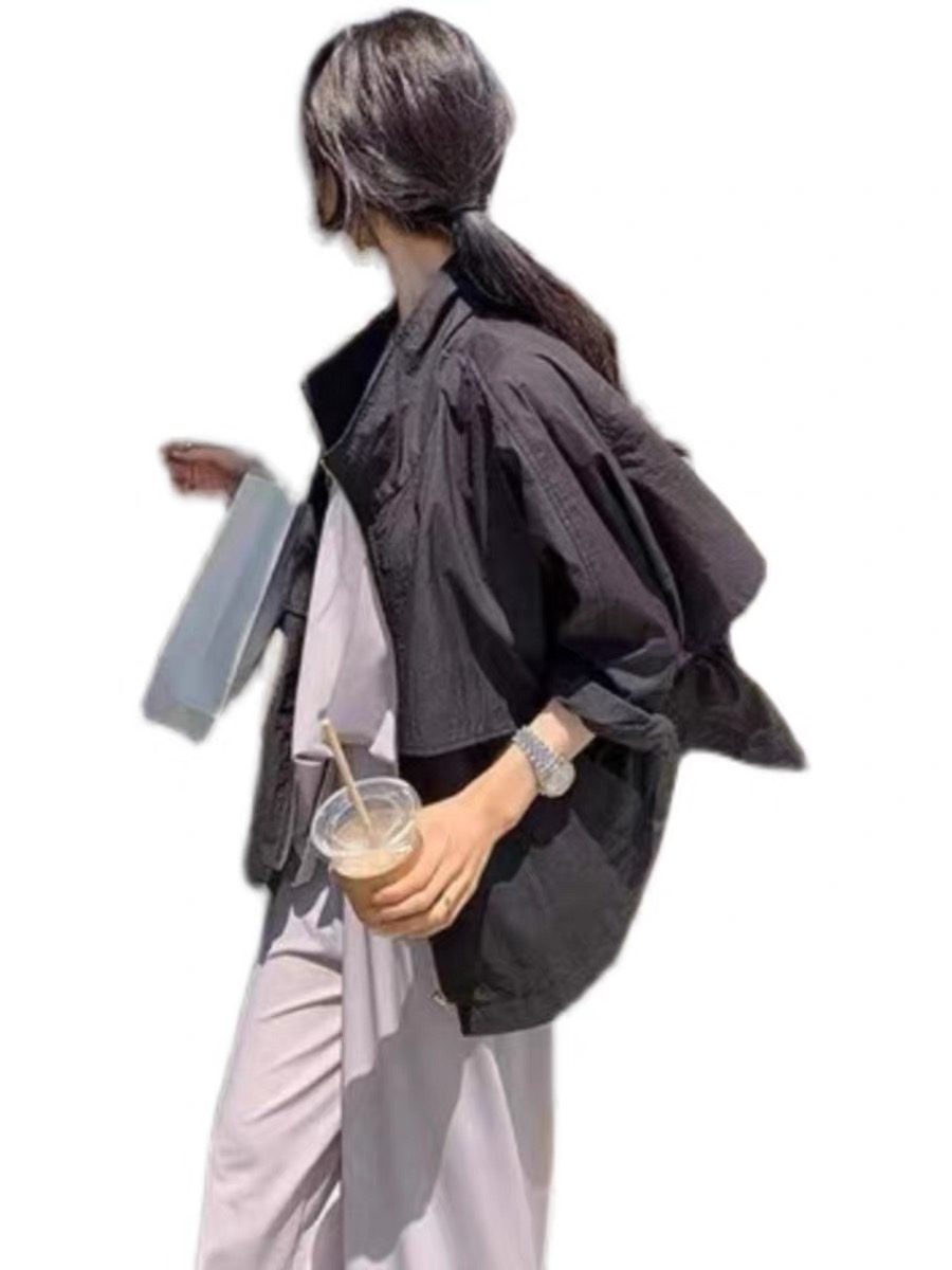 Stand collar double layer sun protection shirt heavy industry coat women Korean retro loose slim thin drawstring waist top trendy