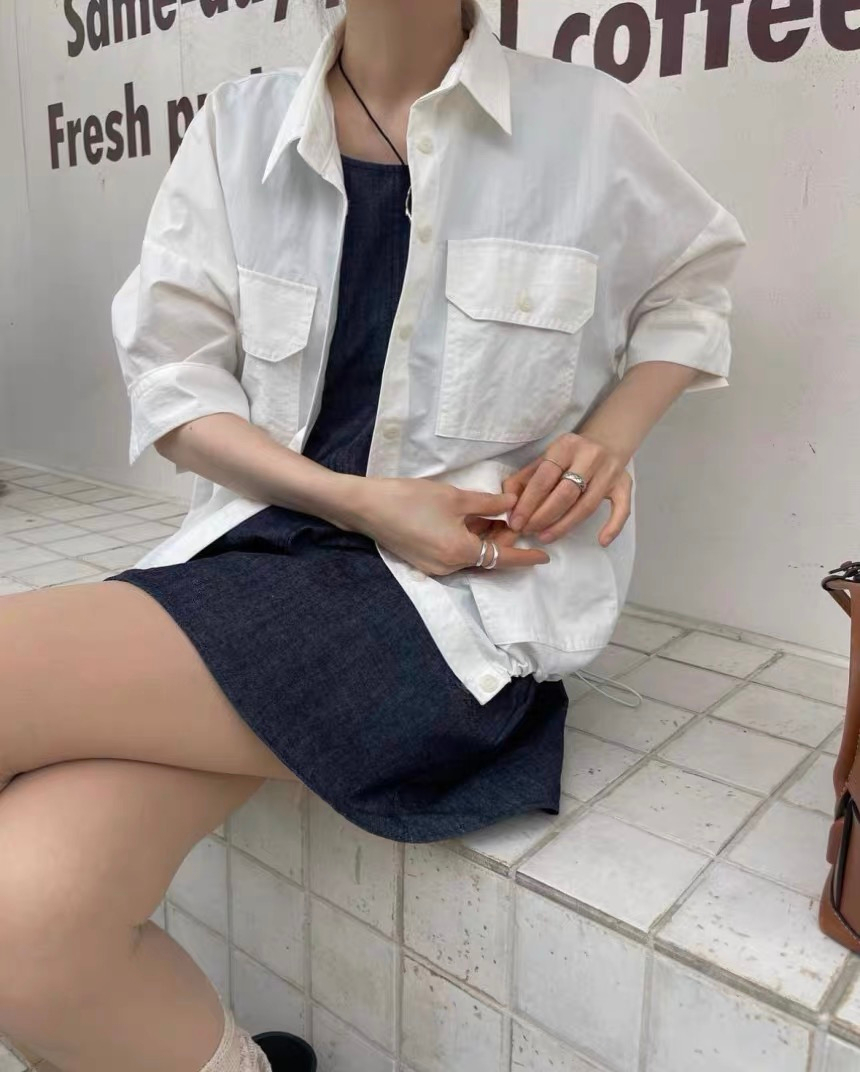 Multi-pocket heavy-duty workwear top for women Korean retro lapel loose straight design hem drawstring thin coat