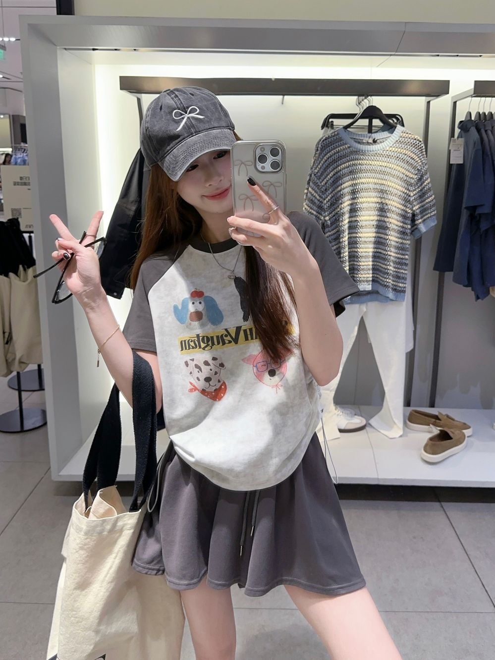 Real shot ~ American cartoon puppy print raglan short-sleeved T-shirt top + high-waist slimming wide-leg shorts skirt