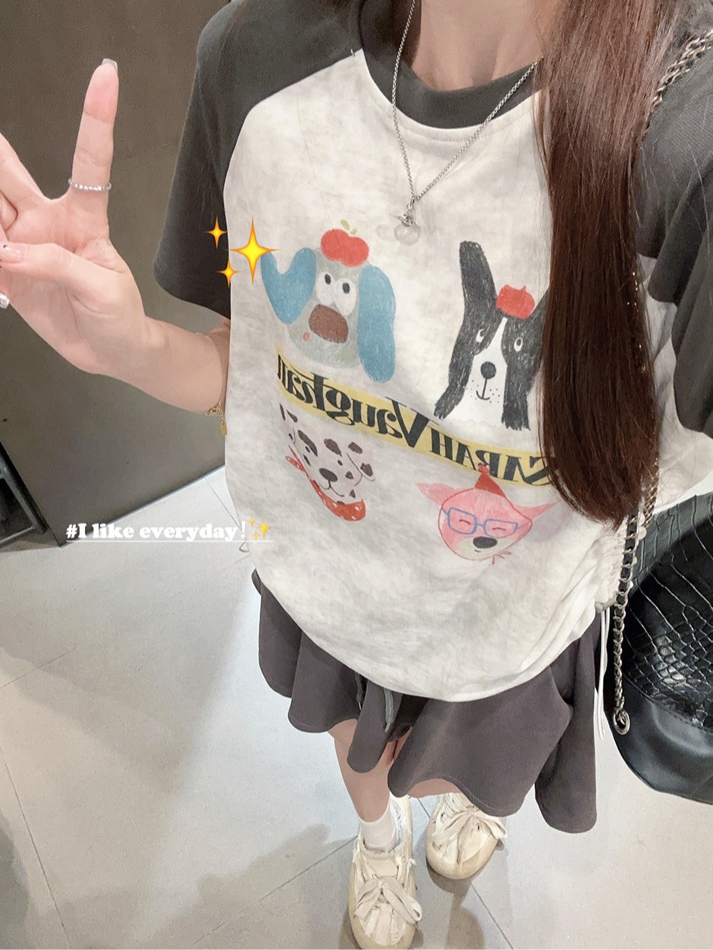 Real shot ~ American cartoon puppy print raglan short-sleeved T-shirt top + high-waist slimming wide-leg shorts skirt