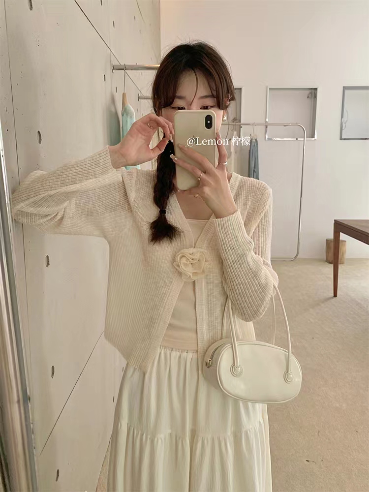 the lemon French sweet detachable three-dimensional flower knitted cardigan women's 2024 spring new sun protection jacket