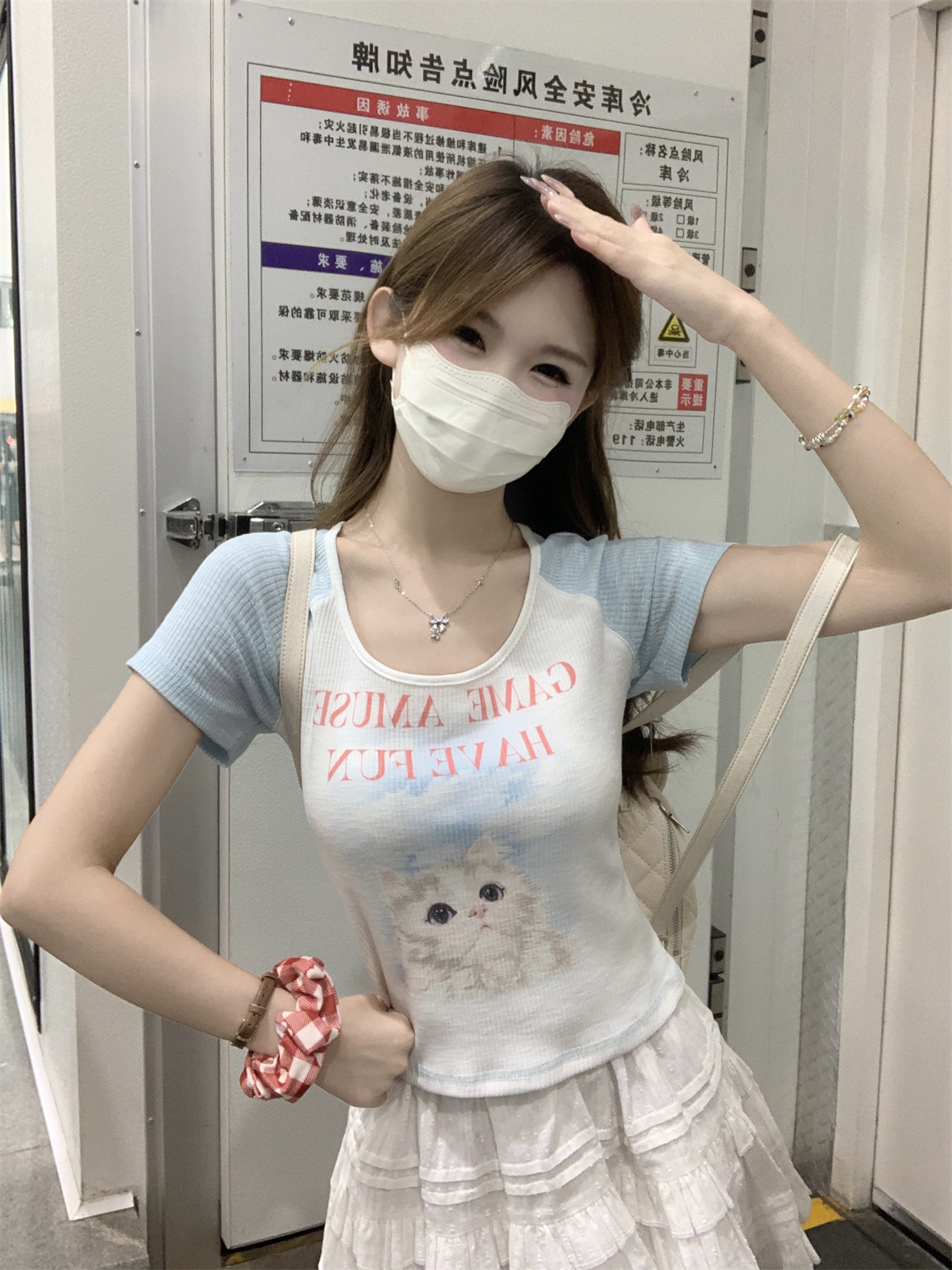實拍 夏季韓版甜美插肩撞色小貓印花竹節棉百搭短袖T恤上衣