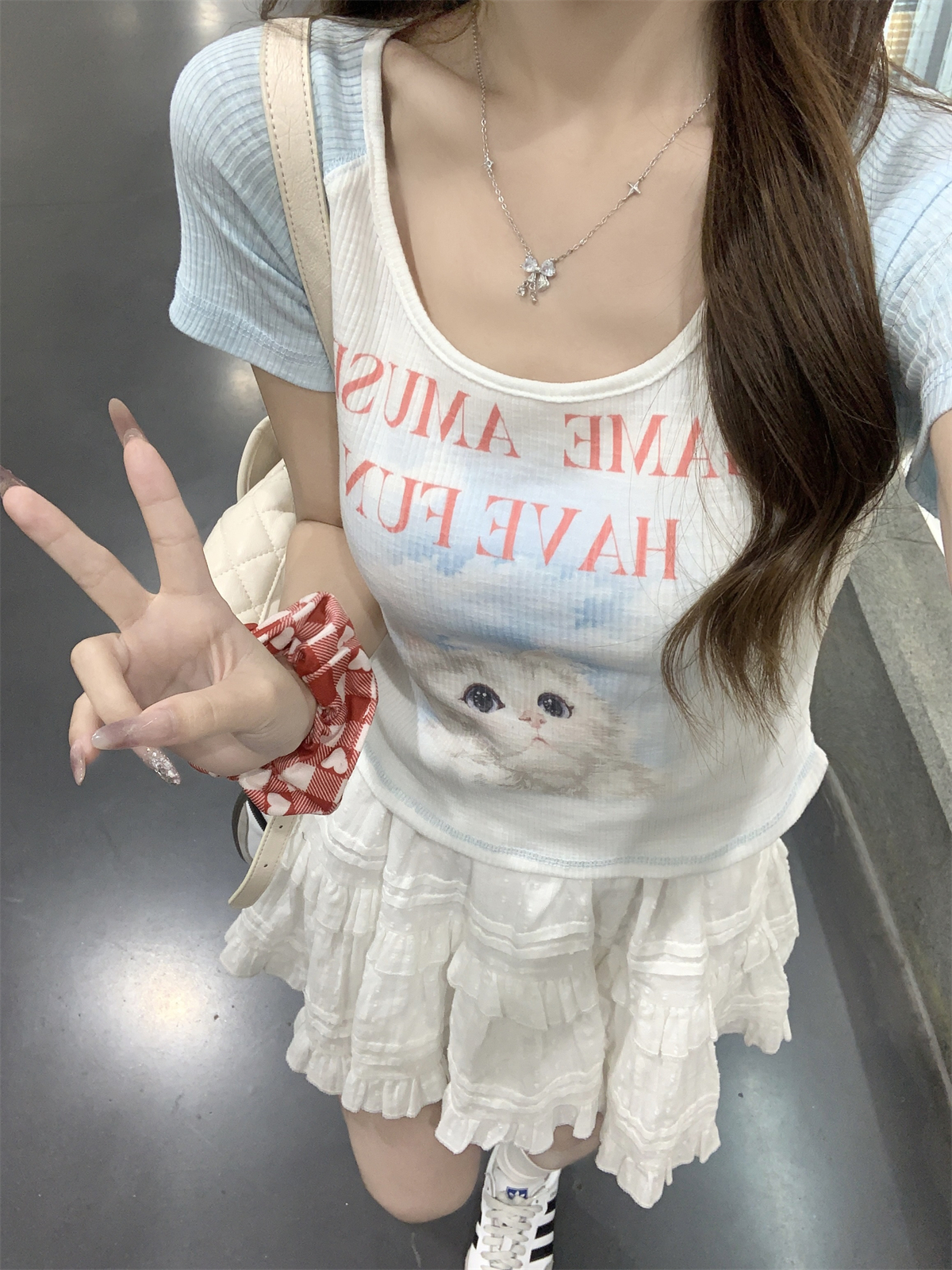 實拍 夏季韓版甜美插肩撞色小貓印花短款竹節棉短袖T恤上衣
