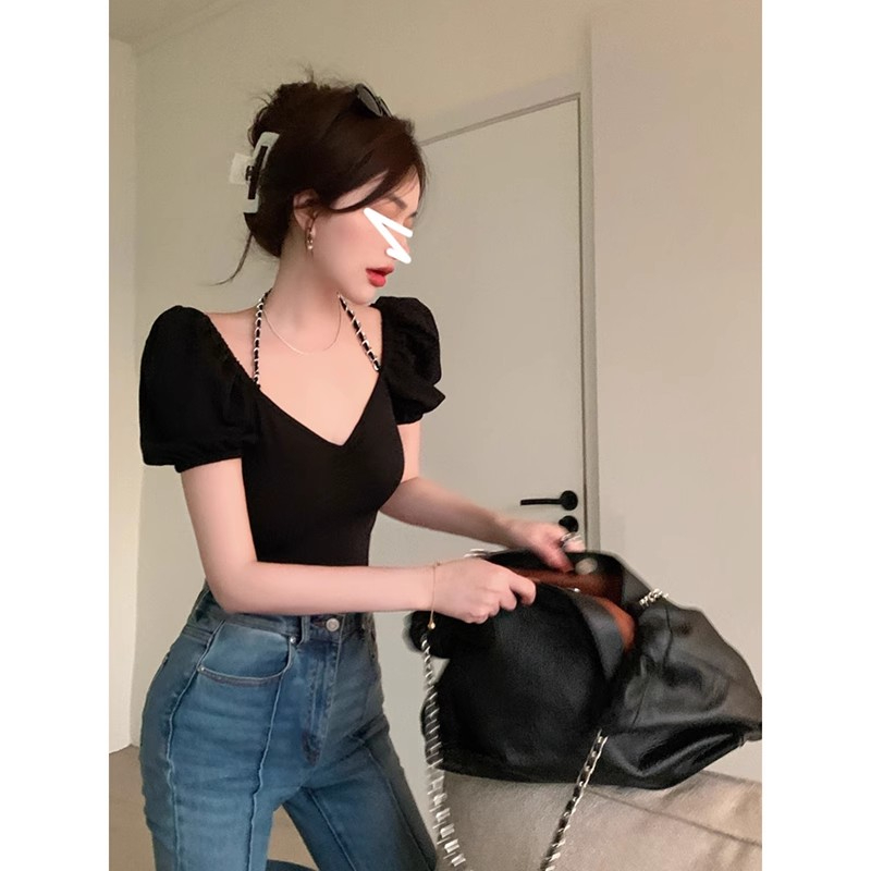 Modal rayon, fashionable and super popular Korean version, new style, sexy girl, halter neck style, summer short-sleeved T-shirt for women, trendy