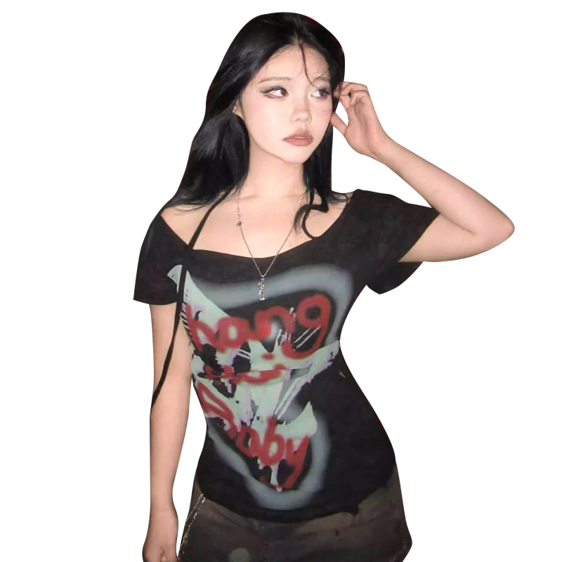 40 count cotton fashion super hot Korean new sexy one-shoulder short-sleeved T-shirt summer slimming top