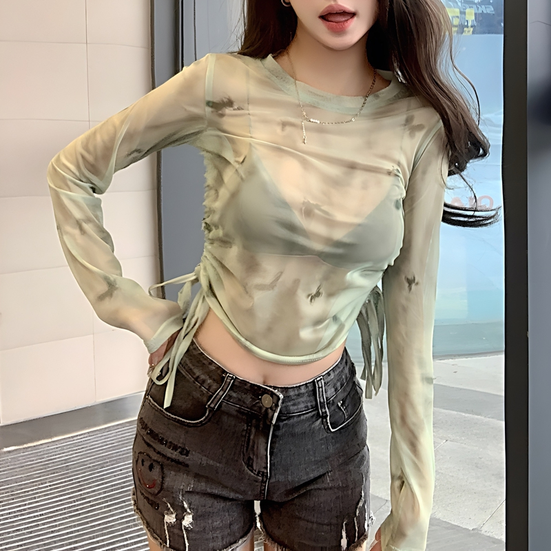 Fashion super hot Korean style new summer sun protection see-through outfit new T-shirt long-sleeved top mint butterfly mesh