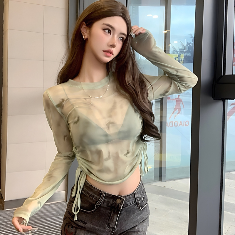 Fashion super hot Korean style new summer sun protection see-through outfit new T-shirt long-sleeved top mint butterfly mesh