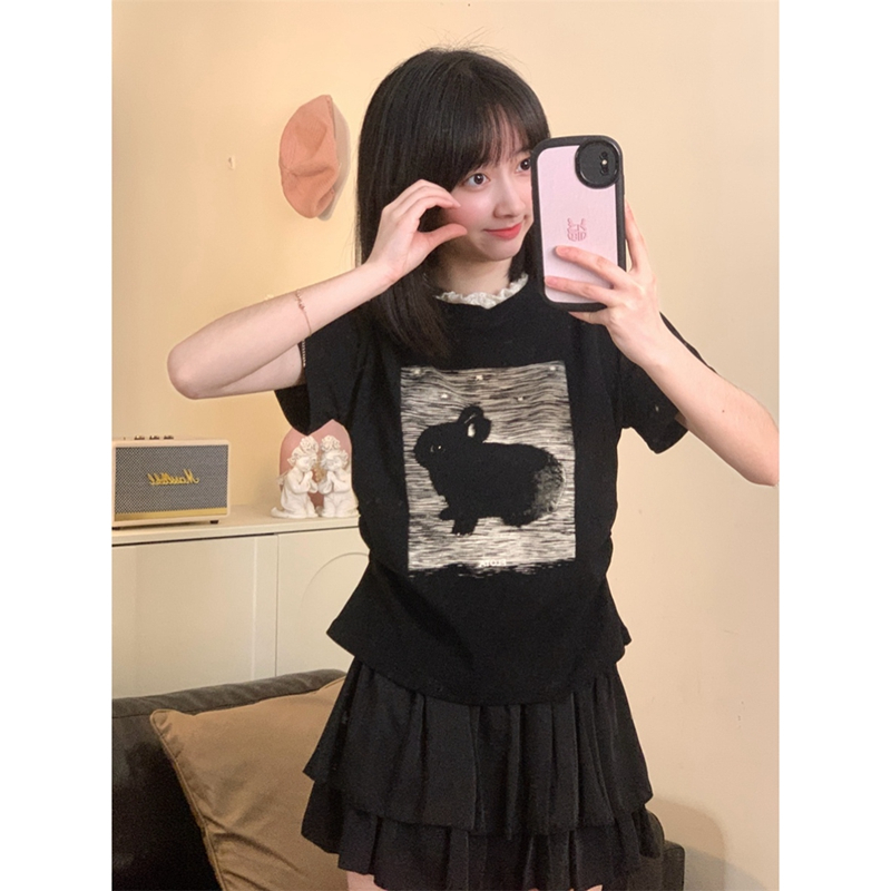 40 count cotton rib fashion super hot Korean style new chic lace T-shirt non-waist short summer top