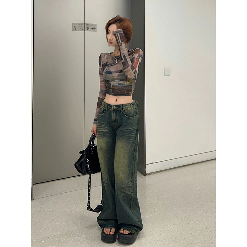 Fashionable and super hot Korean style American retro mesh long-sleeved T-shirt for women in summer slimming and thin crop top