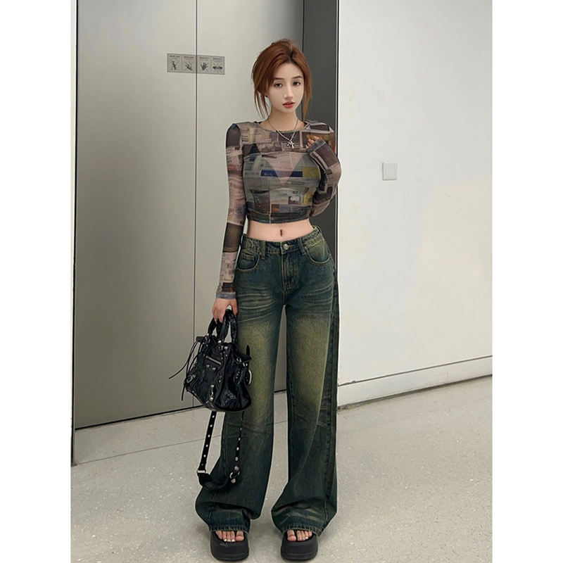 Fashionable and super hot Korean style American retro mesh long-sleeved T-shirt for women in summer slimming and thin crop top