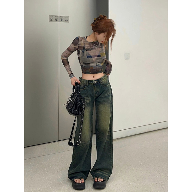 Fashionable and super hot Korean style American retro mesh long-sleeved T-shirt for women in summer slimming and thin crop top