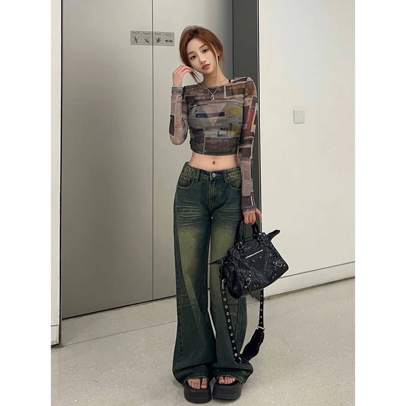 Fashionable and super hot Korean style American retro mesh long-sleeved T-shirt for women in summer slimming and thin crop top