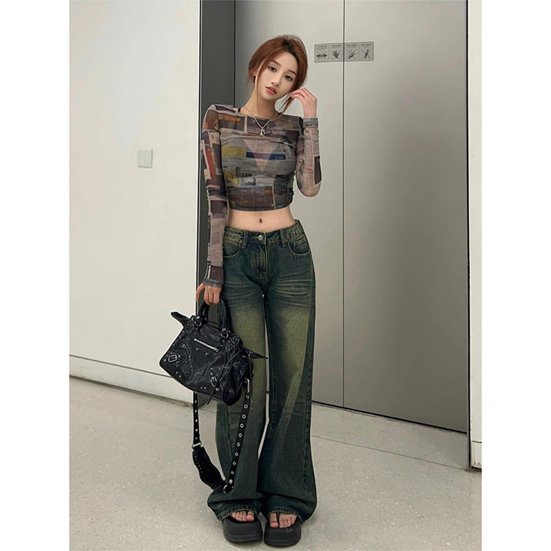 Fashionable and super hot Korean style American retro mesh long-sleeved T-shirt for women in summer slimming and thin crop top