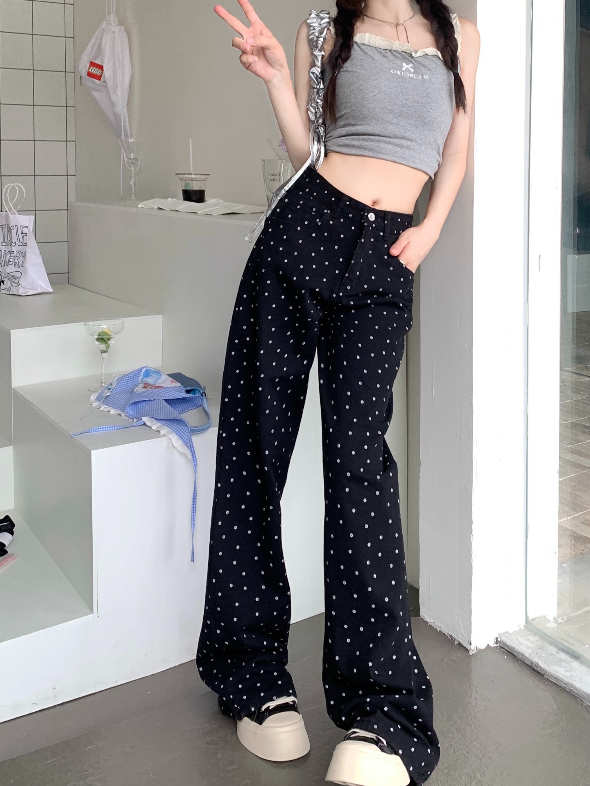 Real shot ~ American retro black polka dot floral jeans for women high waist straight wide leg pants