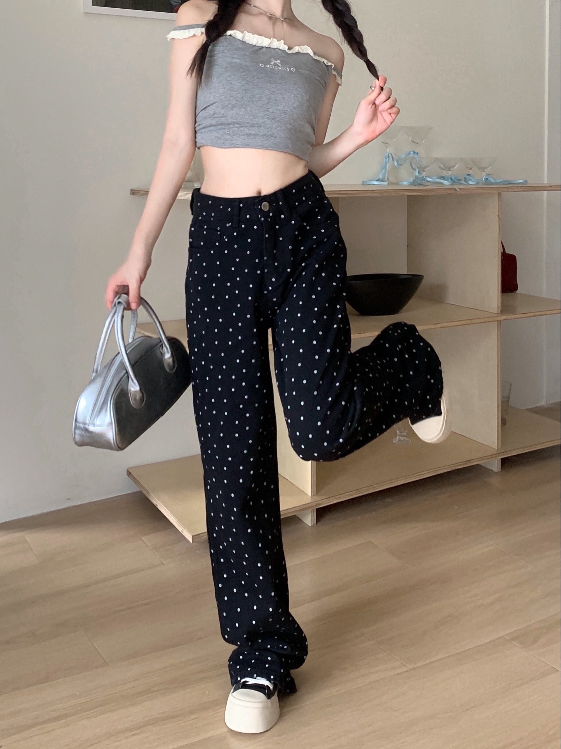 Real shot ~ American retro black polka dot floral jeans for women high waist straight wide leg pants