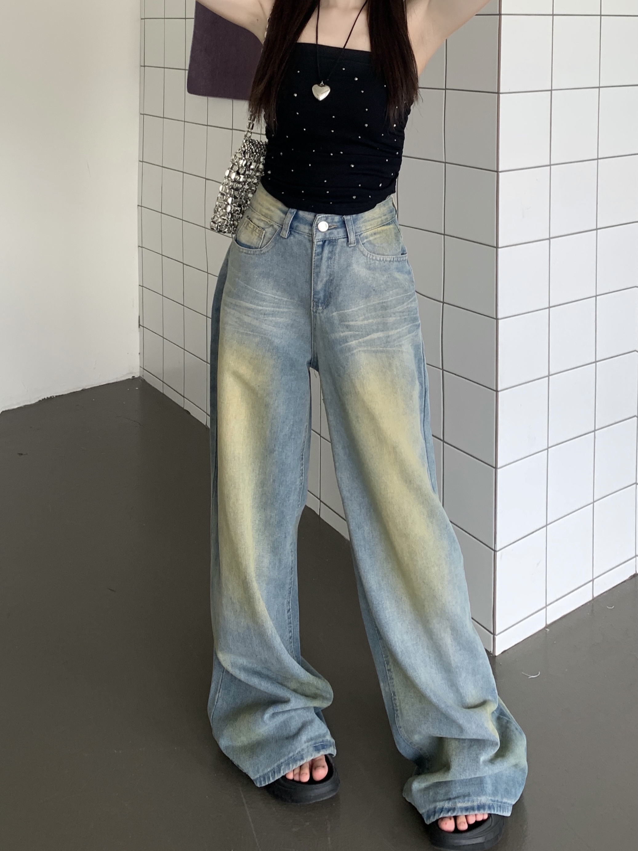 Actual shot ~ Retro distressed washed jeans for women, high waisted loose style high street fashion floor mopping pants