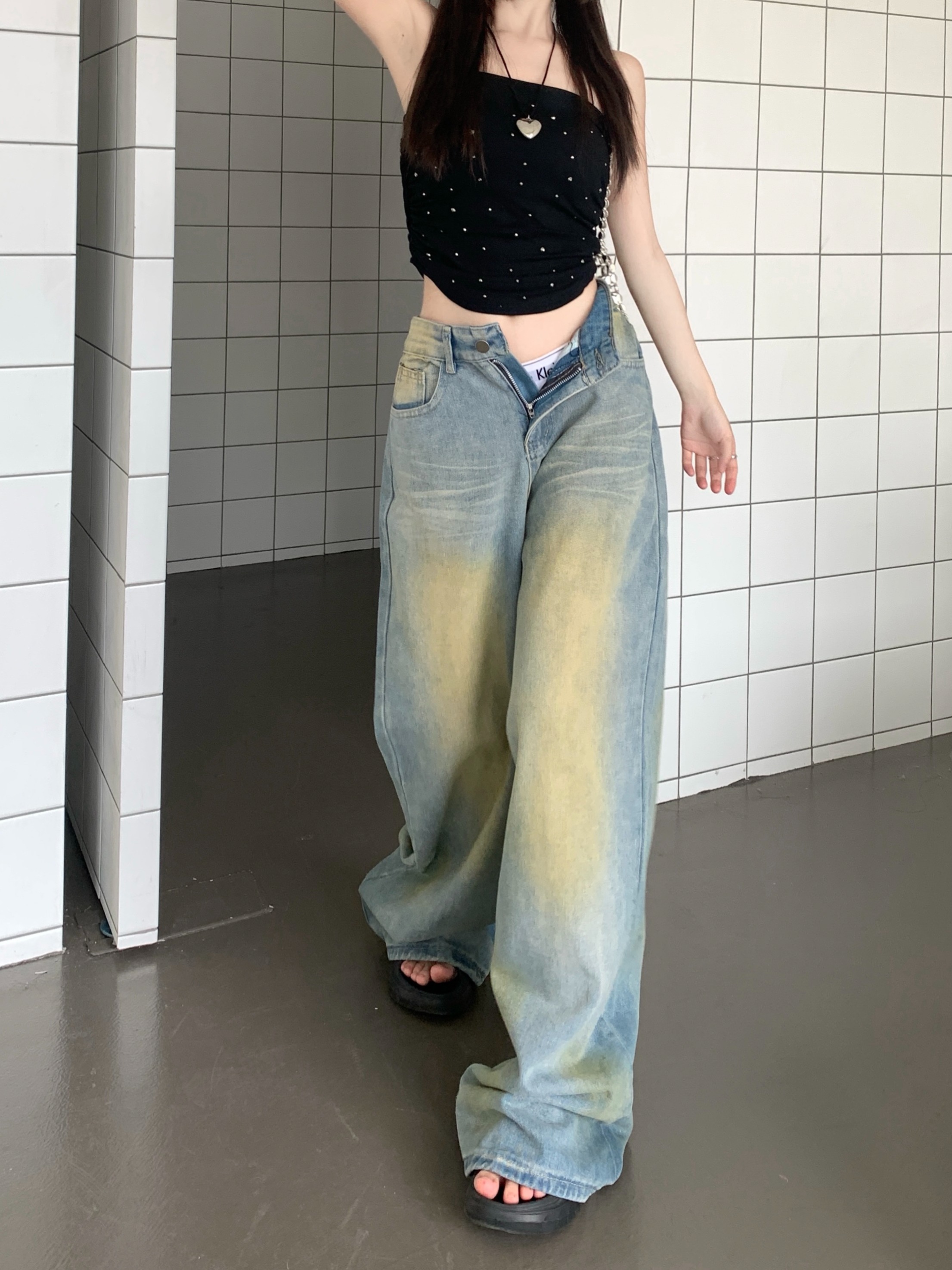 Actual shot ~ Retro distressed washed jeans for women, high waisted loose style high street fashion floor mopping pants