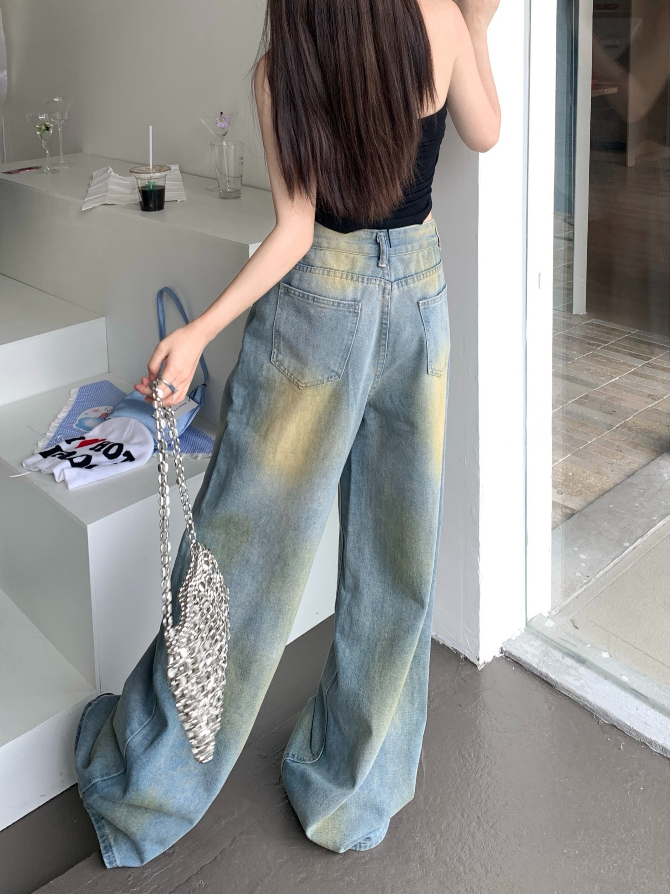 Actual shot ~ Retro distressed washed jeans for women, high waisted loose style high street fashion floor mopping pants