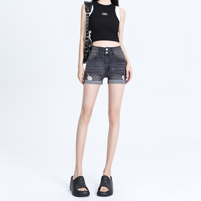 Actual shot ~ 2024 summer new American style hot-selling smoke gray rolled edge ripped high elastic denim shorts ins