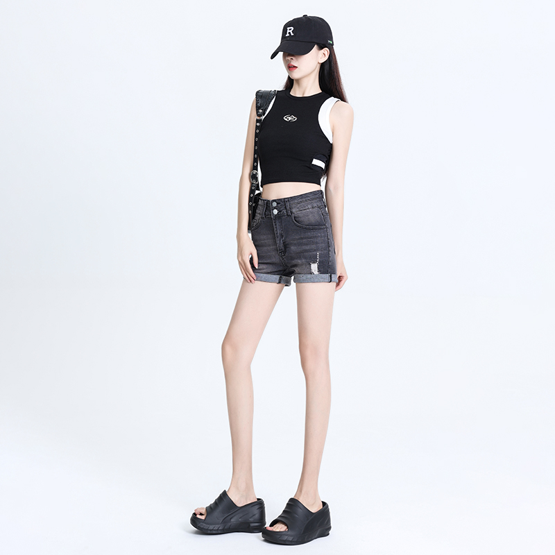 Actual shot ~ 2024 summer new American style hot-selling smoke gray rolled edge ripped high elastic denim shorts ins