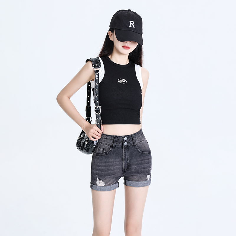 Actual shot ~ 2024 summer new American style hot-selling smoke gray rolled edge ripped high elastic denim shorts ins