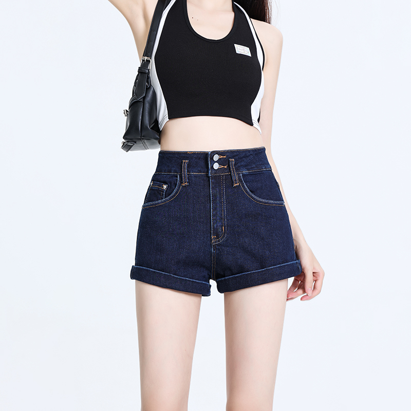 Real shot ~ Thirteen lines of high-quality direct supply products 2024 summer pure blue cuffed A-line hot girl shorts