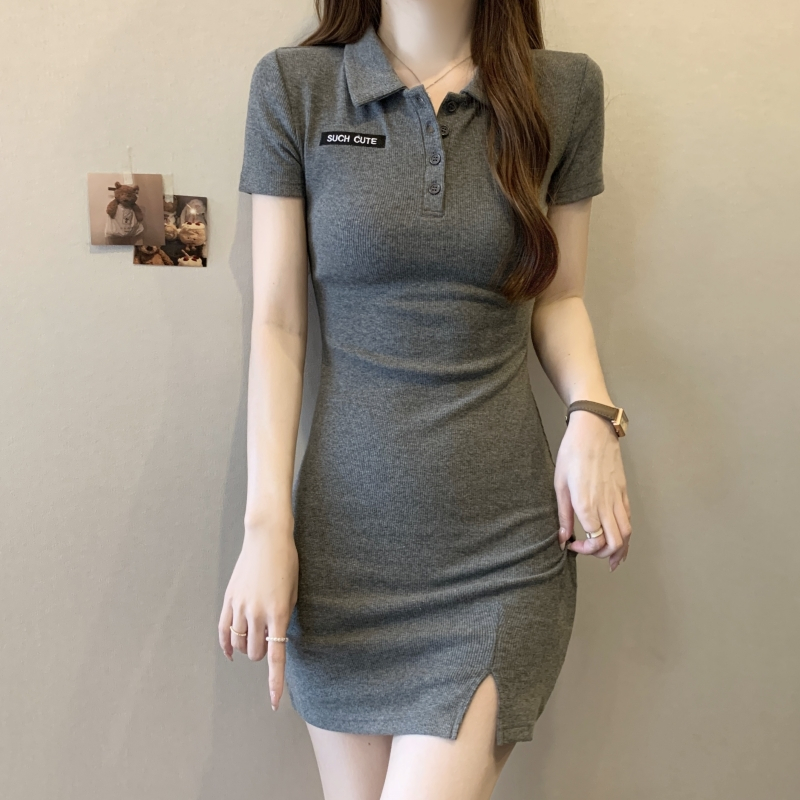 Real shot of summer polo collar dress for women, new summer sexy slit hip skirt, slim waist skirt