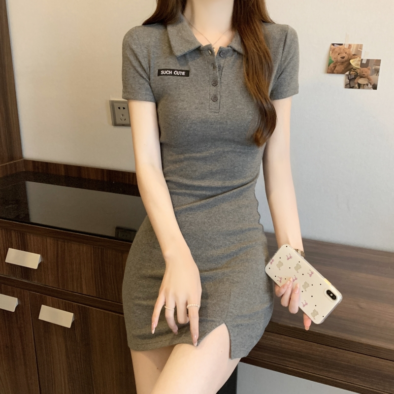 Real shot of summer polo collar dress for women, new summer sexy slit hip skirt, slim waist skirt