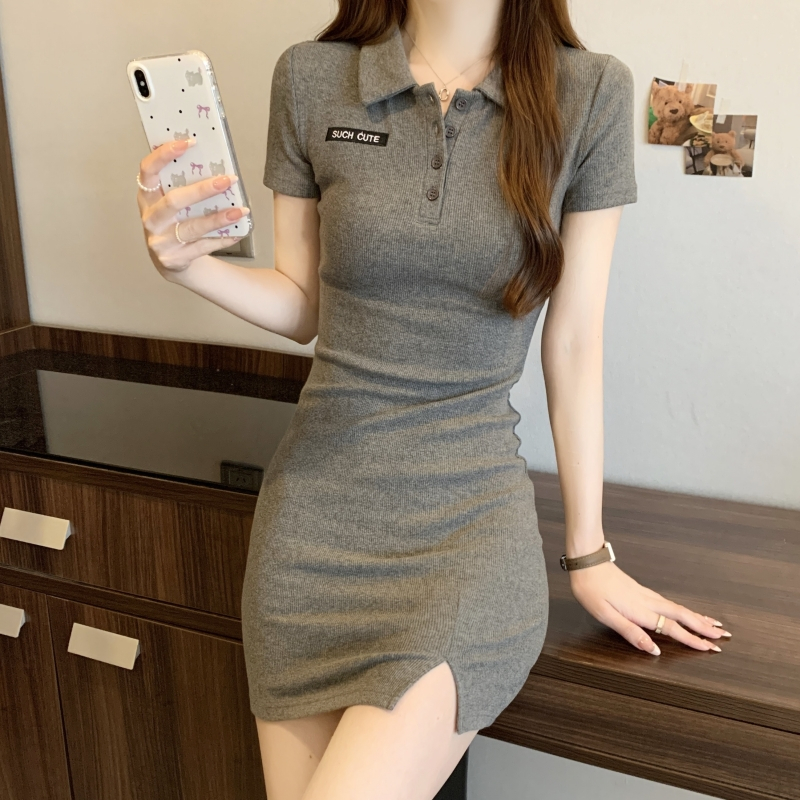 Real shot of summer polo collar dress for women, new summer sexy slit hip skirt, slim waist skirt