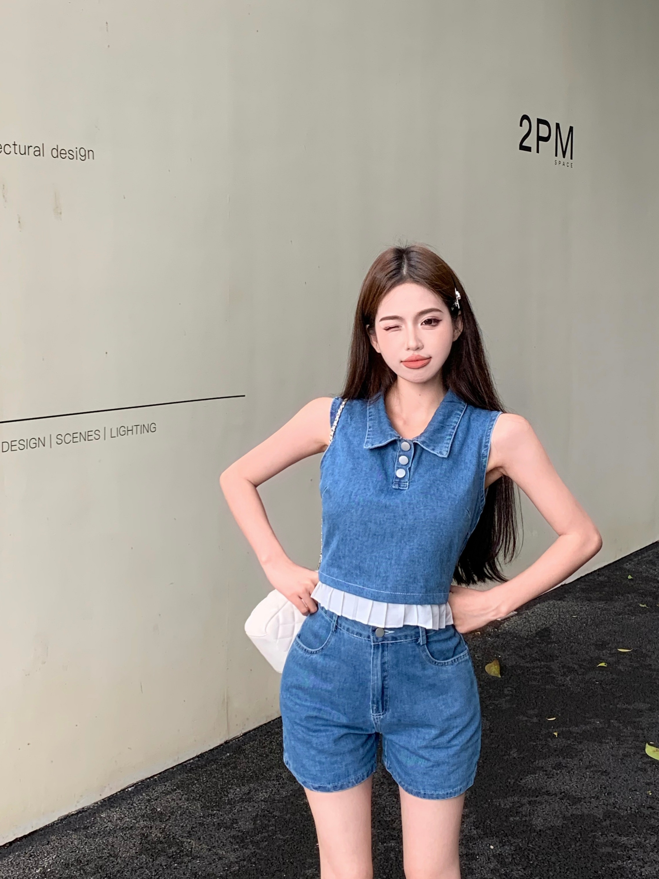 실사 여름 레트로 데님 세트 여성 폴로 칼라 배색 패치워크 조끼 워싱 넓은 다리가 짧다. 바지 투피스 세트 트렌디