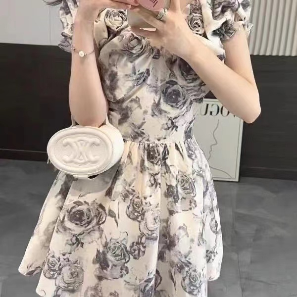 Ink-feel rose three-dimensional flower tutu skirt for women summer 2024 new style French petite dress with beautiful temperament