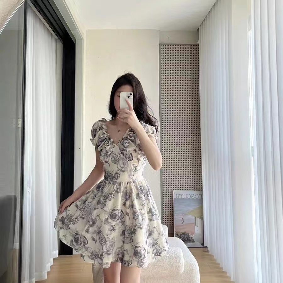 Ink-feel rose three-dimensional flower tutu skirt for women summer 2024 new style French petite dress with beautiful temperament