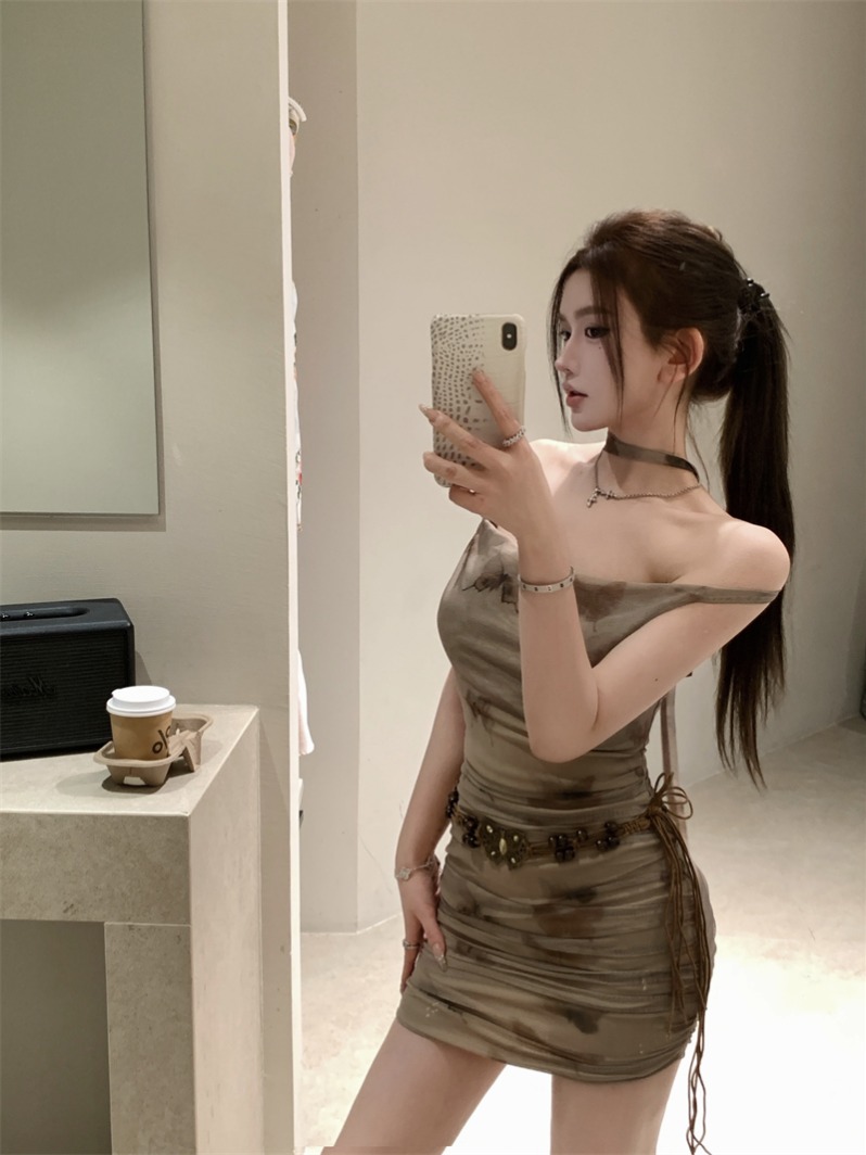 Real shot design halter neck swing collar butterfly print mesh one-shoulder dress slim fit hip-hugging hot girl skirt