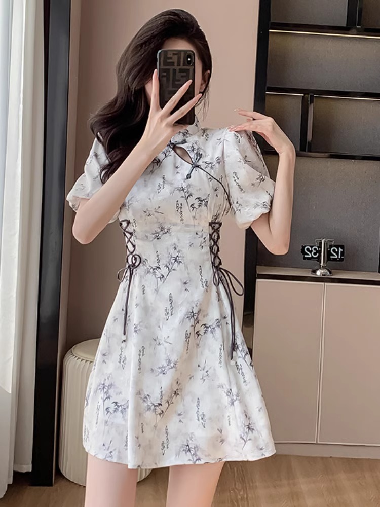 Ink painting improved cheongsam for women summer new Chinese style buckle chiffon dress puff sleeves drawstring A-line skirt