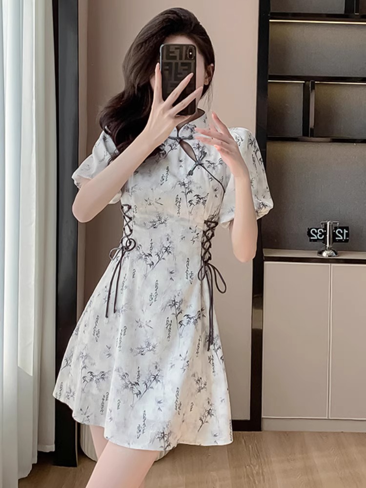 Ink painting improved cheongsam for women summer new Chinese style buckle chiffon dress puff sleeves drawstring A-line skirt