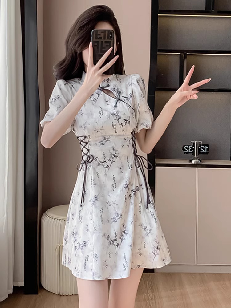 Ink painting improved cheongsam for women summer new Chinese style buckle chiffon dress puff sleeves drawstring A-line skirt