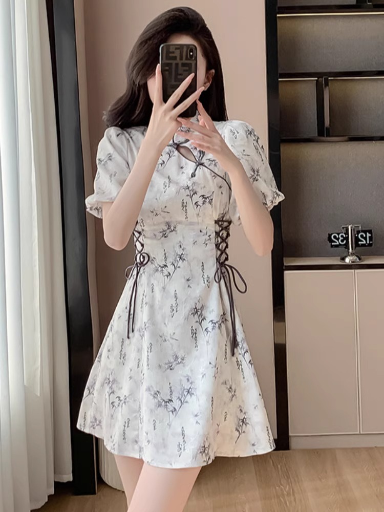 Ink painting improved cheongsam for women summer new Chinese style buckle chiffon dress puff sleeves drawstring A-line skirt