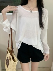 實拍 真 夏季寬鬆薄款後交叉慵懶風長袖防曬衫T恤女