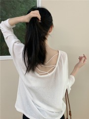 Real shot, real summer loose and thin back cross lazy style long-sleeved sun protection shirt T-shirt